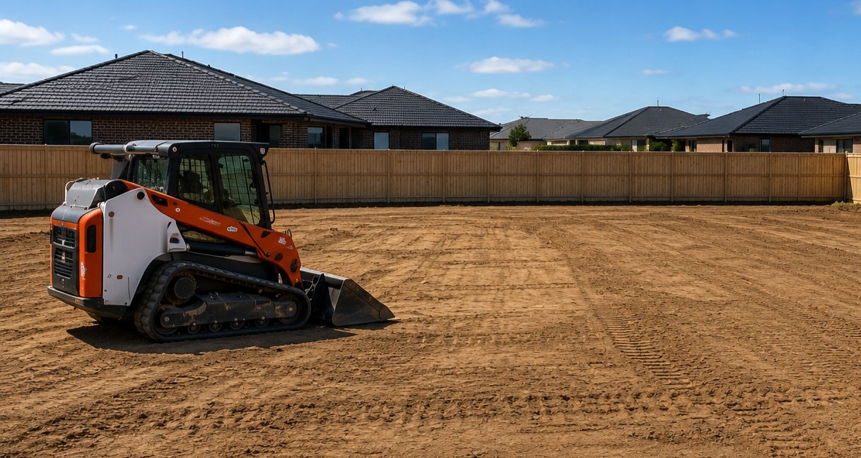 Clean & Clear high-flow track loader preparing residential building block in Melbourne